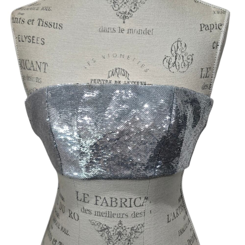 MESHKI Silver Sequin Bandeau Crop Tube Top